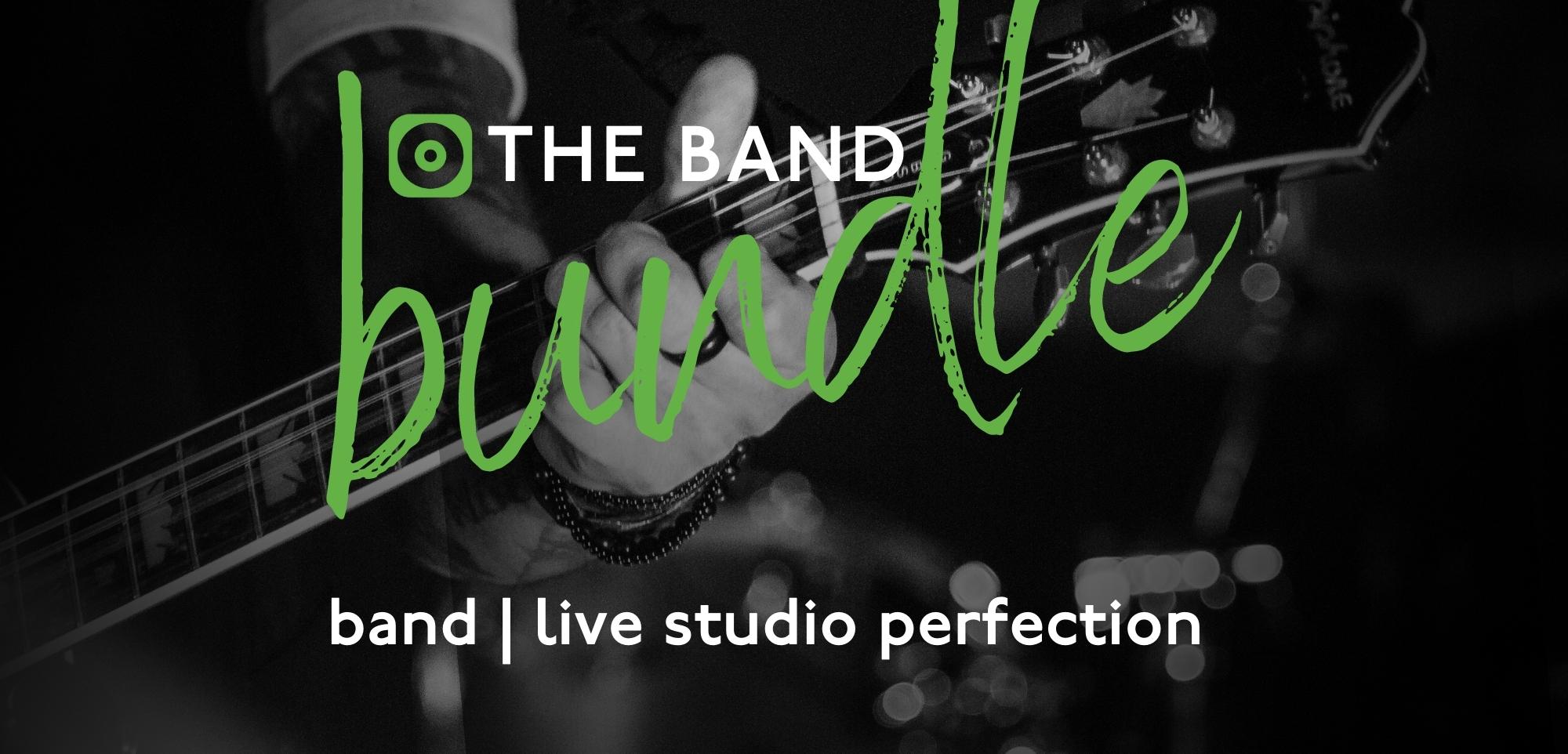 green handwritten word bundle over a black and white close up of guitar and band